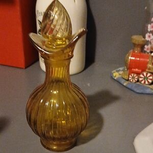 Vtg Avon Amber Ribbed Glass Cruet Decanter Perfume Bottle 7" Spiral Stopper